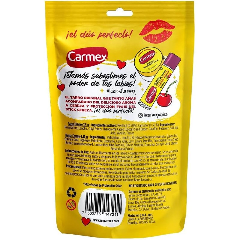Carmex, Pouch Balsamo Labial Hidratante en Barra sabor Cereza +