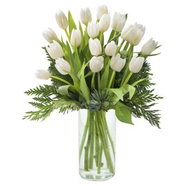 KaBloom PRIME NEXT DAY DELIVERY - Mother’s Day Collection -Holiday Collection:Bouquet of Snowy White Tulips with Vase.Gift for Birthday, Anniversary, Thank You, Valentine, Mother’s Day Fresh Flowers