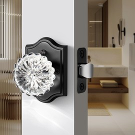 LOQRON Privacy Crystal Door Knob, Daisy Design Crystal Doorknob Interior with Push Button Lock, Vintage Door Knob for Bathroom Bedroom, Matte Black