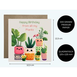 Geburtstagskarte für Pflanzenliebhaber mit Umschlag - bunte niedliche fröhliche Pflanzen Glückwunschkarte grün (quadratisch - 125 mm x 125 mm)