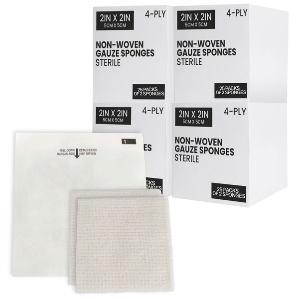 Sterile Gauze Pads, 2” x 2” Disposable 4-Ply Non-Woven Gauze