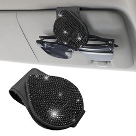 MUQIDA Bling Sunglass Holder for Car Sun Visor, Rhinestones Automotive Magnetic Eyeglasses Hanger Mount, Leather Vehicle Glasses Visor Crystal Ticket Card Clip for Women Girls (Black)
