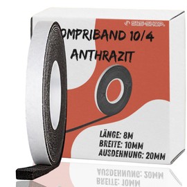 S&S-Shop Kompriband Acryl 300, 10/4, 8.0 m long, 10 mm wide, expands to 20 mm, anthracite, sealing tape for doors, windows and wall joints, source tape, sealing tape, joint tape