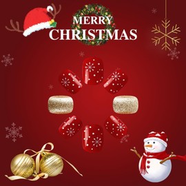 Christmas Press on Nails Short Oval French Tip Fake Nails Red False Nails with Designs White Snowflake Gold Gltter Winter Glossy Glue on Nails Xmas Acrylic Nails for Women Girls 24 Pcs