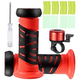 Fahrradgriffe Kinder 22mm mit Reflektierende Streifen, Glocke und Schraubendreher, 95 mm Länge Gummi Lenkergriffe Fahrrad Kinder für Roller, Kinder Laufrad, Kinderfahrrad (Rot)