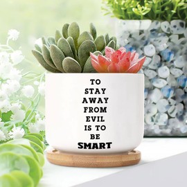DecStic to Stay Away from is to Be Smart Planter Ceramic Family Quote Round Plant Pots with Drainage Holes and Bamboo Tray Pot for Home Office Decoration
