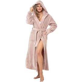 Alexander Del Rossa Womens Robe, Long Plush Bathrobe with Hood, Hooded Robes for Women Plus Size Bath Robe, Rose Taupe, Medium