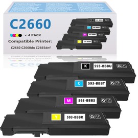 C2660 C2665 High-Yield Toner Cartridge Compatible with Dell C2660dn C2665dnf Printer (1 Black 593-BBBU, 1 Cyan 593-BBBT, 1 Magenta 593-BBBS, 1 Yellow 593-BBBR, 4-Pack)