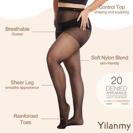 Yilanmy Women's 4 Pairs Plus Size Sheer Tights 20D Soft Control Top Pantyhose Curvy Nylons Stockings