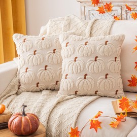 Fall Pillow Covers 18x18 inch Set of 2 Autumn Decorations Beige Pumpkin Accent Embroidred Pillowcase for Outdoor Porch Sofa Couch Bed Living Room Plush Faux Fur Halloween Home Decor