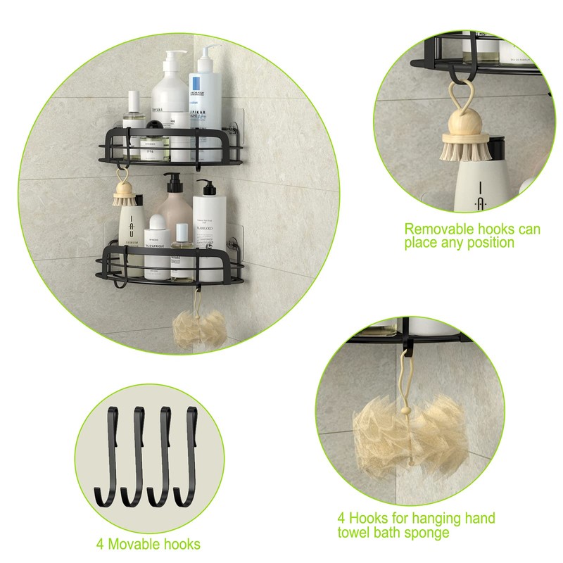 STEUGO Black Bathroom Corner Shower Shelfs, Adhesive Wall Mounted Shower