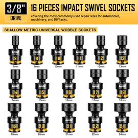 Pro 3/8" Inch Drive Impact Swivel Socket set, 16-Pieces Metric(8-24mm), 6-Point Shallow Universal Wobbly Sockets With Painted Marking, Cr-Mo, Include EVA, Fit Into Tight and Narrow Spaces