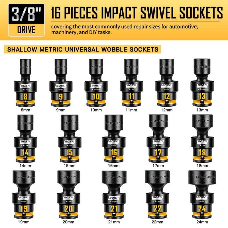 Pro 3/8" Inch Drive Impact Swivel Socket set, 16-Pieces Metric(8-24mm),