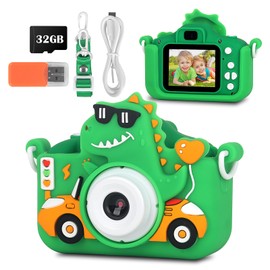Geavo Dinosaur Kids Camera for Boys Girls, 1080P HD Dual Lens Toddler Camera with Protective Cover, 32G SD Card, Selfie Digital Video Camera, Christmas Birthday Children Gifts for 3-12 Years Old