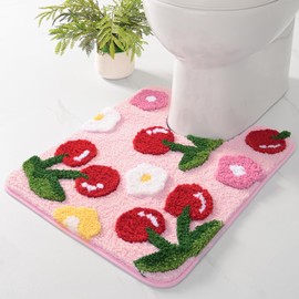 Anybar Pink Cherry Toilet Rug & Mat U-Shaped 20"x24" - Soft Microfiber Contour Bath Rug Absorbent Non-Slip Bathroom Toilet Rugs Plush Bathroom Mat for Toilet Base Machine Washable Shaggy Bath Decor