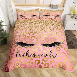 Manfei Cute Eyelash Duvet Cover Set Full Size,Gold Leopard Glitter Bedding Set 3pcs for Kids Girls Woman Bedroom Decor,Beauty Glamor Comforter Cover,Pink Princess Attractive Quilt Cover,2 Pillowcases