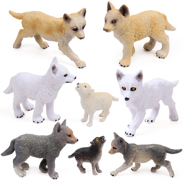 RESTCLOUD 8Pcs Wolf Cub Toy Figure Set Baby Wolves Animals