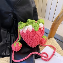 CREHNIL Strawberry Purse For Women Fruit Shape Woven Shortcake Coin Shoulder Bag Girls Pink