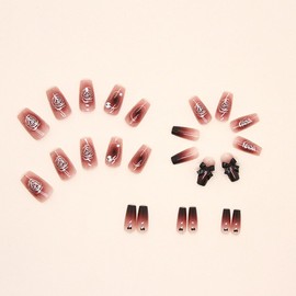 24 PCS Red False Nails,Medium Length Black Bow Fake Nails with Gold Flaming Design,Coffin Acrylic Nails Press on Gel Nails for Women Reusable False Nails