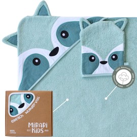 MIRARI Kids Hooded Towel Baby 100 x 100 cm with Wash Cloth - Organic Cotton - Baby Towel for Newborns & Toddler 0-6 Years - Soft Bath Towel with Hood & Raccoon Motif - Gift for Birth