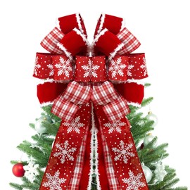 GOGOSY Christmas Tree Topper Bow,48''x 13'' Large Velvet Christmas Wreath Bows Xmas Ornaments with Long Plaid Streamer Wired Edge Ribbon for Farmhouse Christmas Decoration (Red)