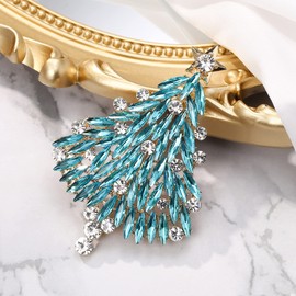 Clearine Christmas Tree Brooch for Women Sparkling Marquise Rhinestone Breastpin Pin Xmas Jewellery Gift Blue Topaz Gold-Tone