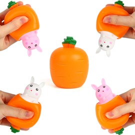 FINGOOO Easter Squeeze Fidget Toys for Kids Adult,4 Pack Carrot Shape White Pink Bunny Pop Up Stress Sensory Toy Easter Basket Stuffers Party Favors