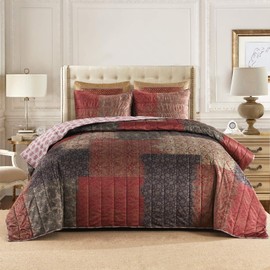 HORIMOTE HOME Velvet Patchwork Quilt King Size, Reversible Vintage Pattern Bedspread Luxury Cozy Vlevet Comforter 3-Pieces Coverlet Bedding Set for All Season (Burgundy)