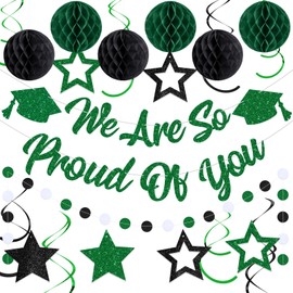 Oudain Black Green Graduation Decorations Class of 2026 We Are So Proud of You Banner with Honeycomb Balls Glitter Stars Hanging Swirls Circle Garland for High School College Grad Party Supplies