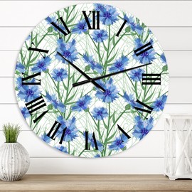Designart 'Blue Cornflowers With Green Leaves I' Traditional wall clock - 23 in. high, 23 In. Wide