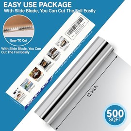 Aluminum Foil Roll, 12in x 500ft Aluminum Foil, Thick Strong Tin Foil with Cutter, Food Safe Cling Wrap for Cooking, Baking, Roasting, Grilling, Freezer Storage