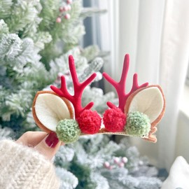 Christmas Hair Clip - Reindeer Antlers Headdress Hair Accessories Cute Red Green Ball Antler Ears Hair Clip Christmas Holiday Party Hair Accessories for Girls Women 1 Pairs (Red)