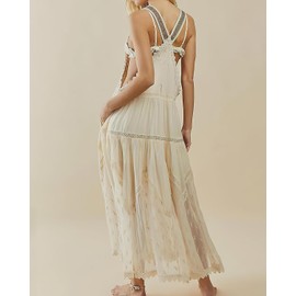 ebossy Women's Laced Embroidered Tulle Bib Dress Casual Loose Adjustable Straps Maxi Dress (L, Apricot)