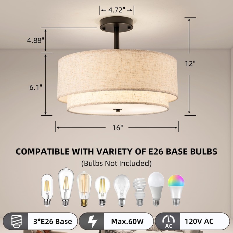 Aufrichting Drum Semi Flush Mount Ceiling Light, 16 inch 3