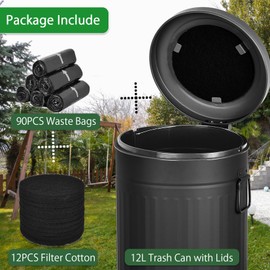 Umtiti Dog Poop Trash Can with Lid for Outdoors，3.2 Gallon Trash Can with Activated Carbon Filter & Plastic Bags, Pet Waste Container，UP12L-BK-Y+90BK-New
