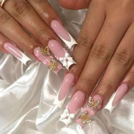 Long Press on Nails Square Fake Nails White French Nails Press ons Glossy Glue on Nails with 3D Bow Butterfly Flower Designs Extra Long Nails Pink Full Cover Artificial Stick on Nails for Women 24 Pcs