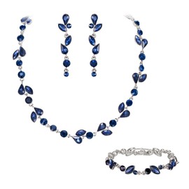 EVER FAITH Wedding Crystal Jewelry Sets for Bride, Gorgeous Marquise Round-Shaped Rhinestone Leaf Necklace Dangle Earrings Bracelet Set for Women Sapphire Blue Silver-Tone