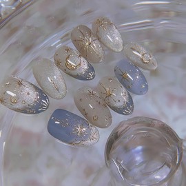 Short Oval Press on Nails Blue French Tip Nails Cat Eyes Fake Nails with Star Moon Designs Oval Shaped False Nails Glossy Acrylic Nails Full Cover Glue on Nails Ombre Stick on Nails for Women 24Pcs