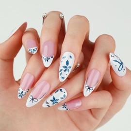 24Pcs French Tip Press on Nails Medium Almond Blue Flower Fake Nails Bow Press ons Handmade Stick on Nails Full Cover Reusable Artificial Nails Acrylic Nail DIY Manicure for Women