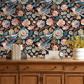 HAOKHOME Vintage Peel and Stick Wallpaper Bird Floral Removable Wall Decor Blue Self Adhesive Contact Paper for Nursery Kids Room Accent Wall 17.3in x 118in