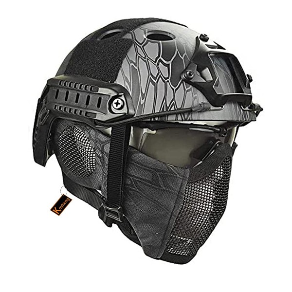 Fast Tactical MH Combo Helmet with Foldable Ear Protection, Half Mask and Protective Glasses for Airsoft Paintball CS Game Set
