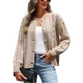 VIMPUNEC Women's Fall Casual Cable Knit Cardigan Sweaters Long Sleeve Button Down Open Front Outwear Coats Khaki S