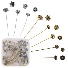 SUNNYCLUE 1 Box 64Pcs 8 Styles 2/2.1inch Flower Head Pins Antique Tibetan Style Ball Head Pins Needles HeadPins Eye pins Head Pin for Jewellery Making Findings UK Women DIY Earrings Crafts Supplies