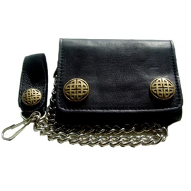 Biker Leather Wallet Leather Celtic Knot Brass with Chain and Leather Loop with Press Stud, black, Classic