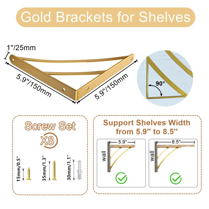 Small Gold Shelf Brackets, 15cm Triangle Shelving Brackets, Versatile Right