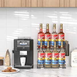 OVICAR Coffee Syrup Organizer Rack - 8 Syrup Bottle Holder Stand for Coffee Bar Coffee Station Accessories with Straw Coffee Pod Basket,2 Tiers Kitchen Countertop Storage for Syrup Wine Dressing Black