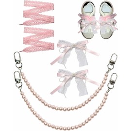 Maffuno 6pcs Junk Shoe Charms for Sneakers: Shoe Decorations Shoelace Double-layer Pearl Bows Pearl Heel Chains, Flower Lace Charm Kit Party Outfit Boots Accessories Gifts for Women Friends (Pink)