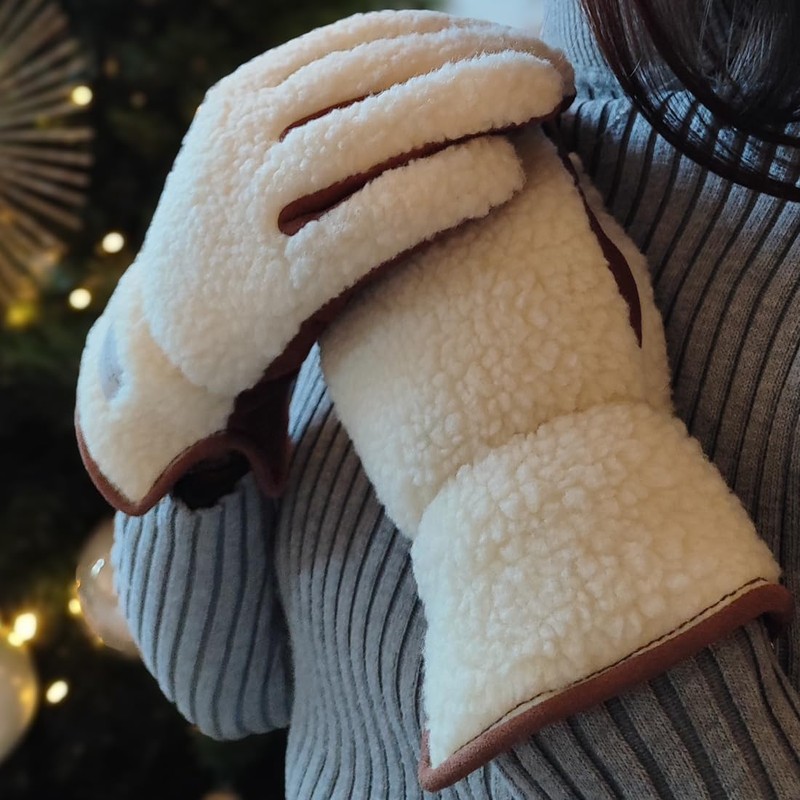 Harssidanzar Winter Outdoor Gloves For Women's Genuine Suede Sherpa Gloves