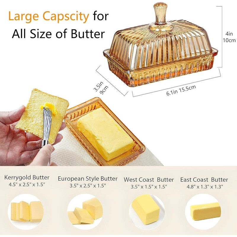 6'' Champagne Glass Butter Dish with Lid for Countertop Kitchen