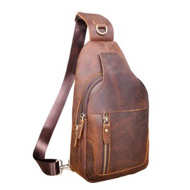 Le'aokuu Men Fashion Casual Tea Designer Travel Hiking Crossbody Chest Sling Bag Rig One Shoulder Strap Bag Men Leather 8015 (XB6601 Brown)